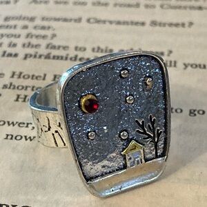 Silver Ring with Night Sky Chunky silver & goldtone House tree NEW